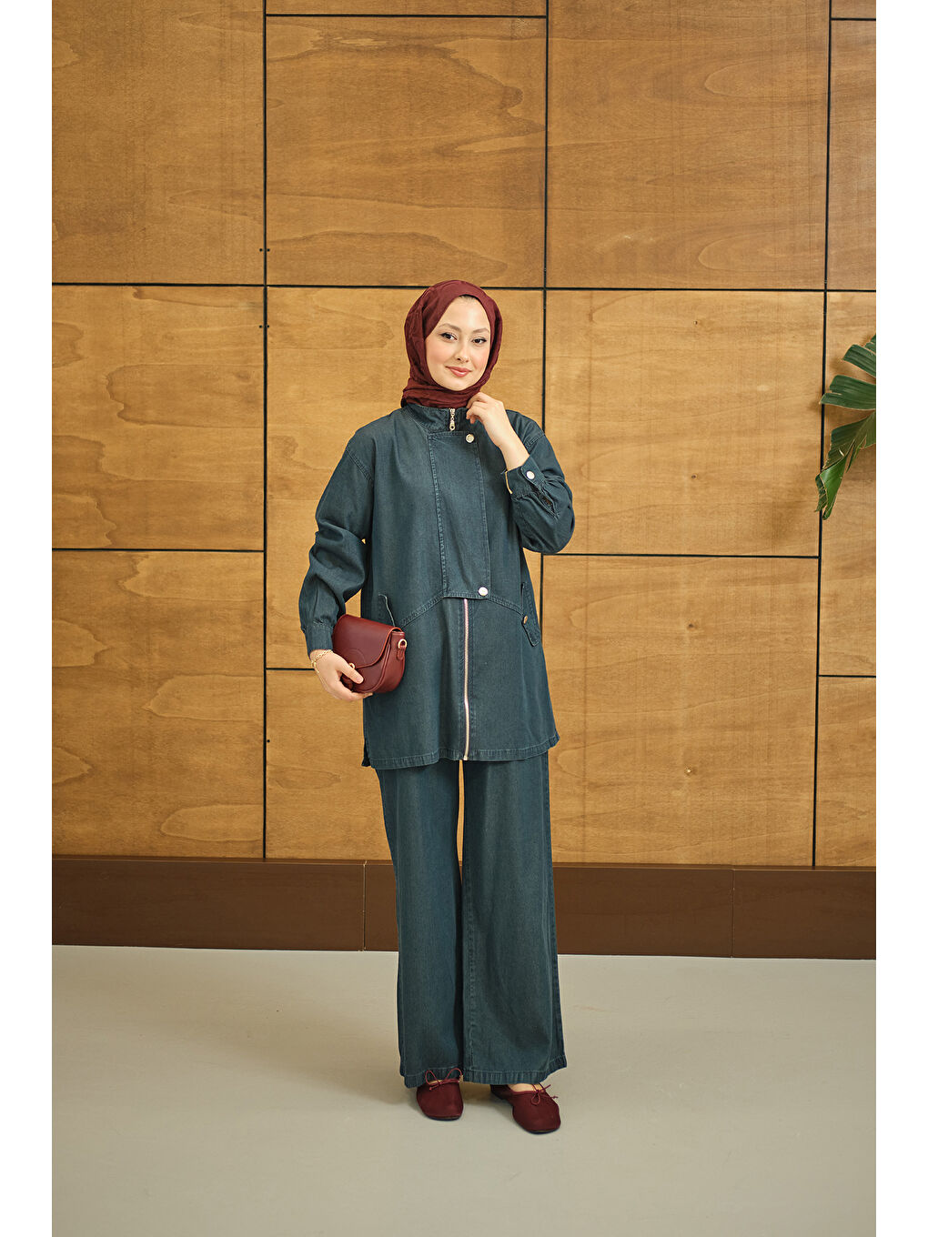 Kadın Düğme Detay Gizli Fermuarlı Takım Petrol Mavi-4