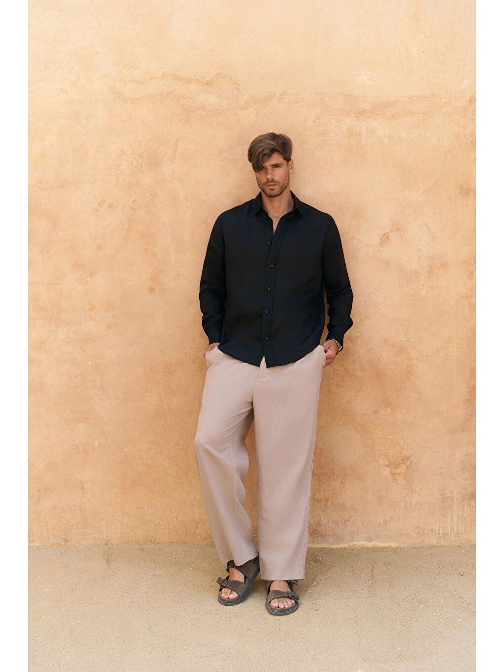 Agnola Oversize Erkek Siyah Keten Gömlek-2