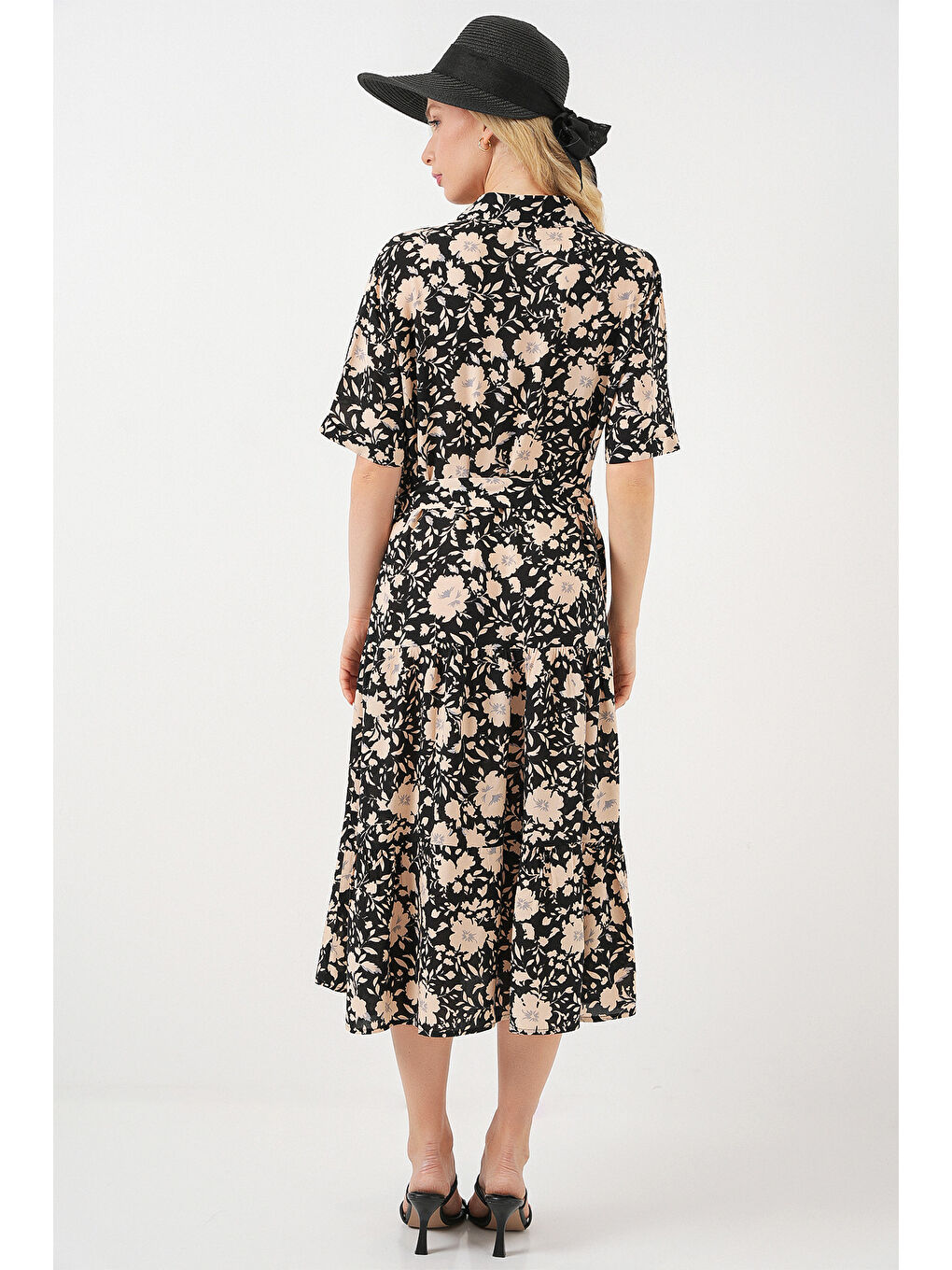 Kadın Kısa Kol Desenli Elbise 2560 - Siyah-5