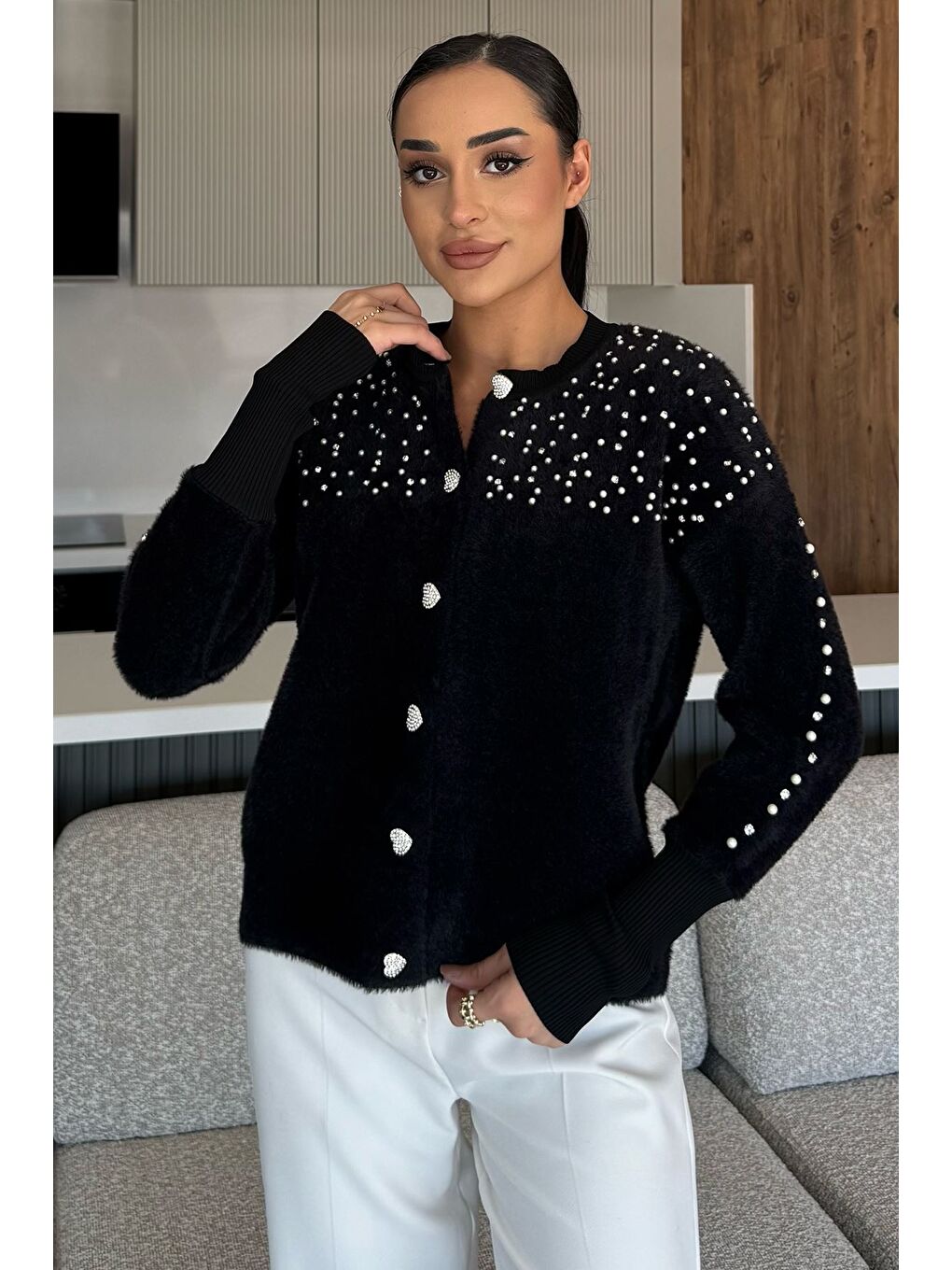 Siyah Omuz Taşlı Şardonlu Triko Ceket(s,m,l,xl Uyumludur)