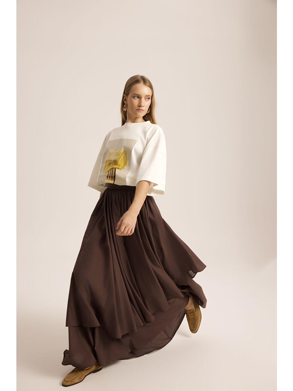 Kahverengi Kevin Çift Kat Kahve Uzun Etek-2