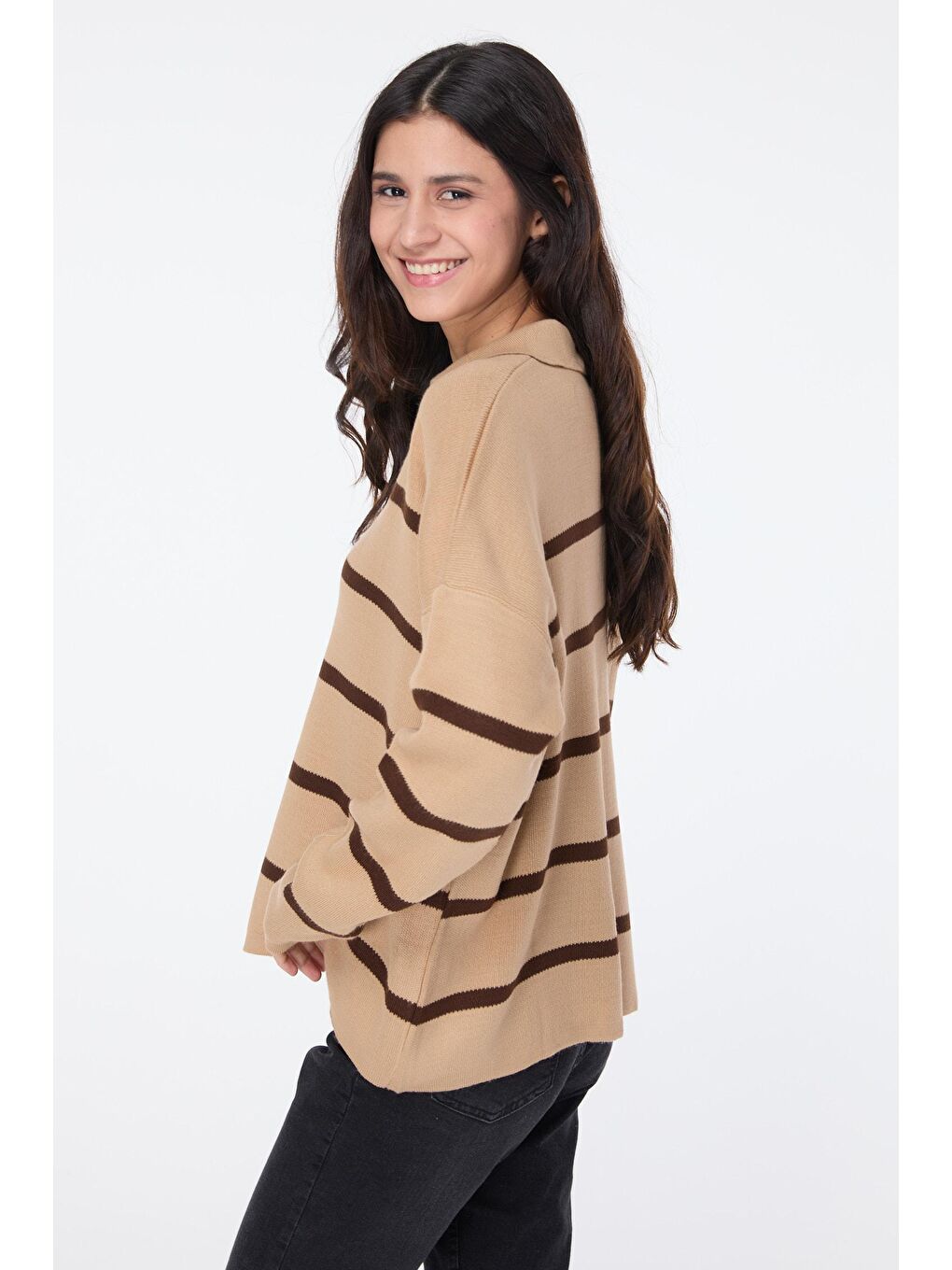 Bej Gömlek Yaka Kadın Vizon Triko Kazak - 23633-2