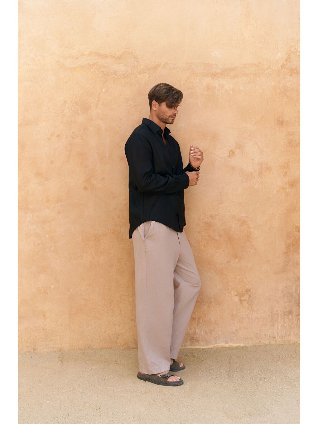 Agnola Oversize Erkek Siyah Keten Gömlek-3