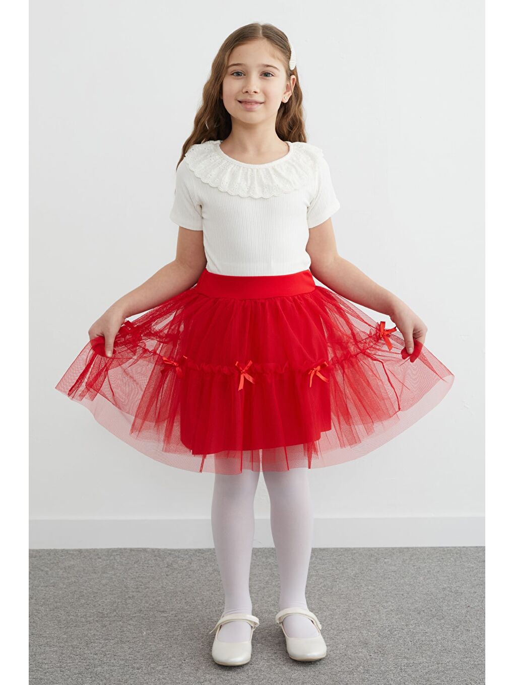 Kırmızı Beli Lastikli Fiyonklu Kız Çocuk Tül Etek-1