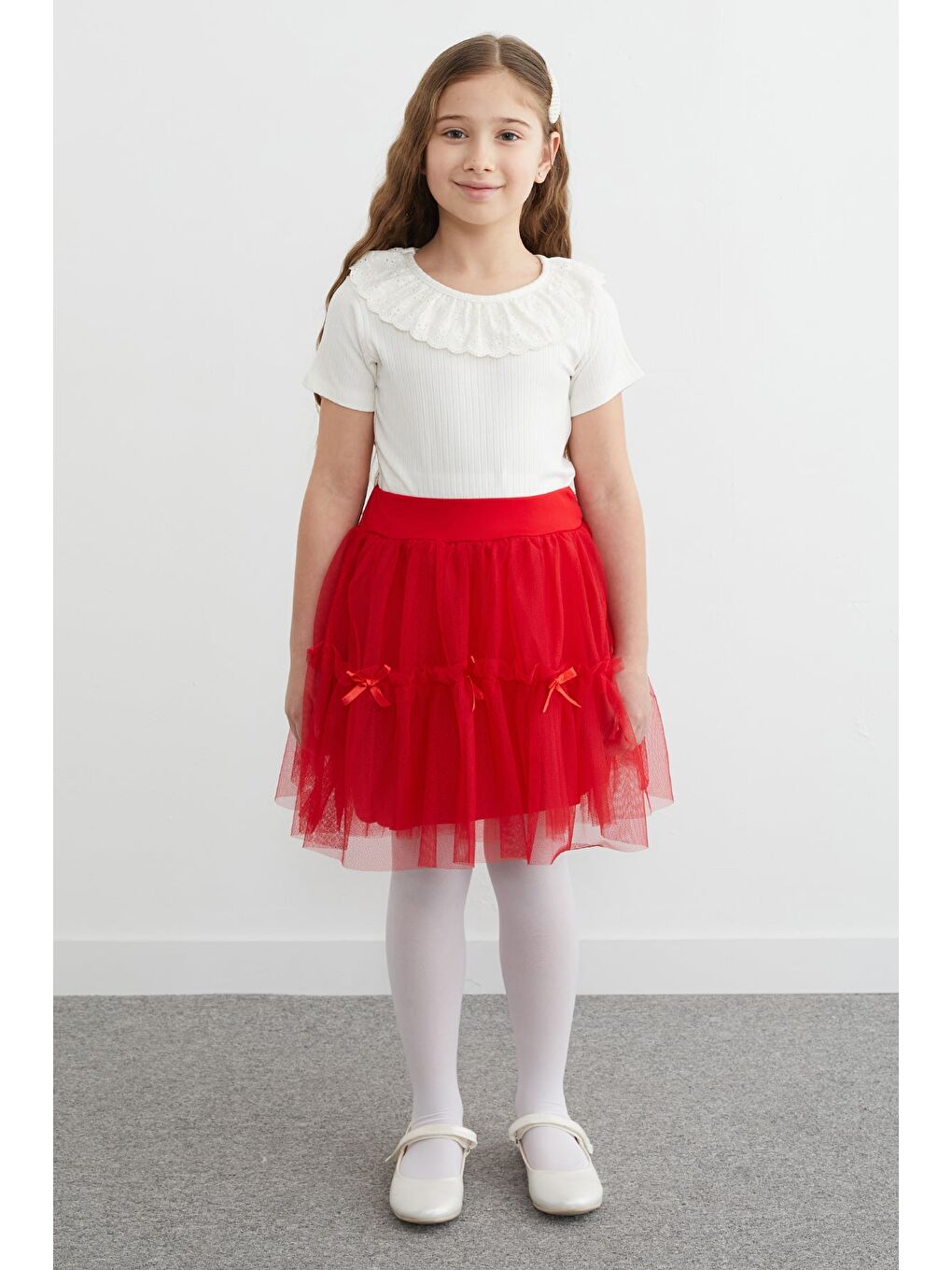 Kırmızı Beli Lastikli Fiyonklu Kız Çocuk Tül Etek-2