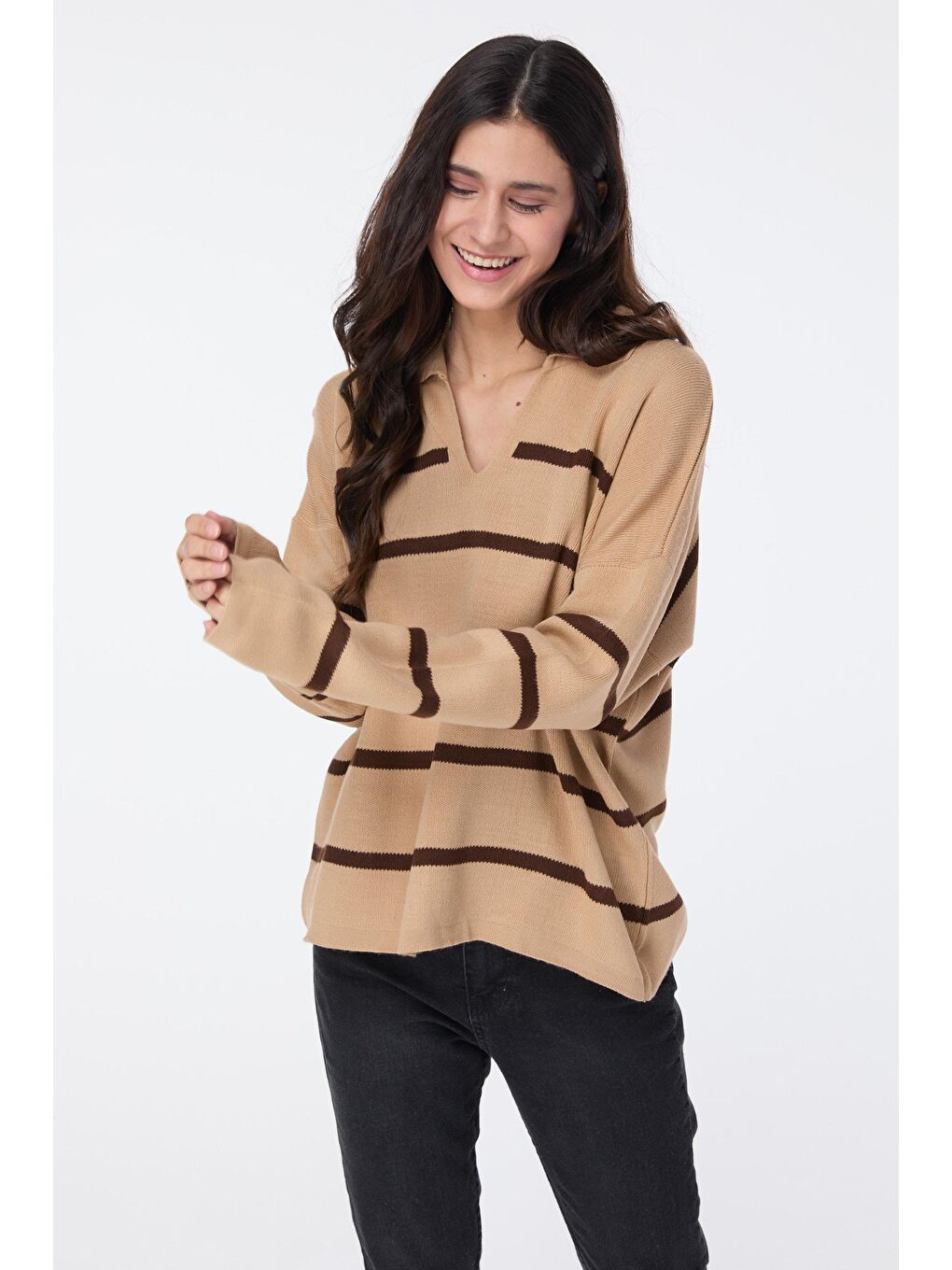 Bej Gömlek Yaka Kadın Vizon Triko Kazak - 23633-3