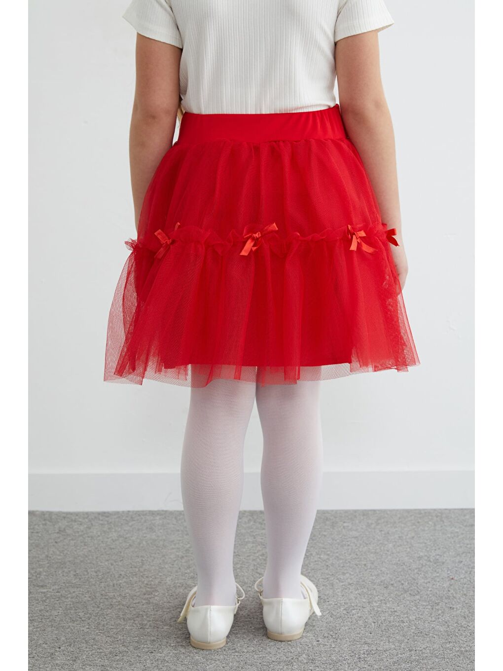 Kırmızı Beli Lastikli Fiyonklu Kız Çocuk Tül Etek-4