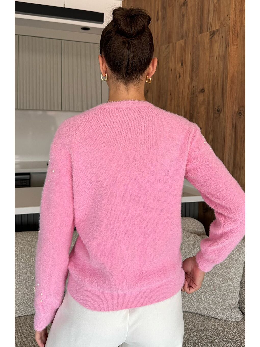 Pembe Kadın Çiçek Baskılı Taşlı Sakallı Triko Kazak (s-m-l Beden Uyumludur.)-3