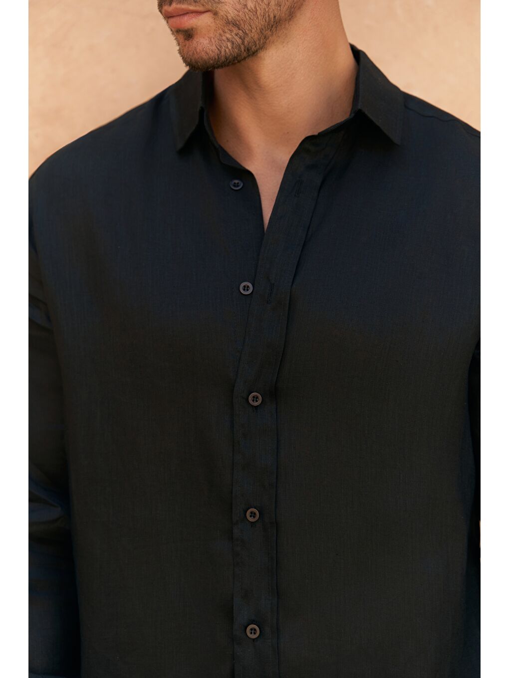 Agnola Oversize Erkek Siyah Keten Gömlek-6