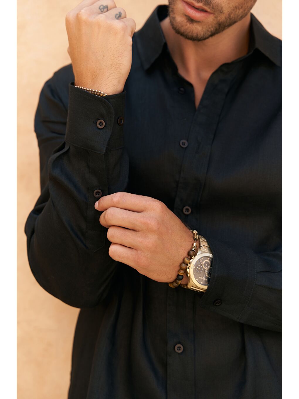 Agnola Oversize Erkek Siyah Keten Gömlek-7