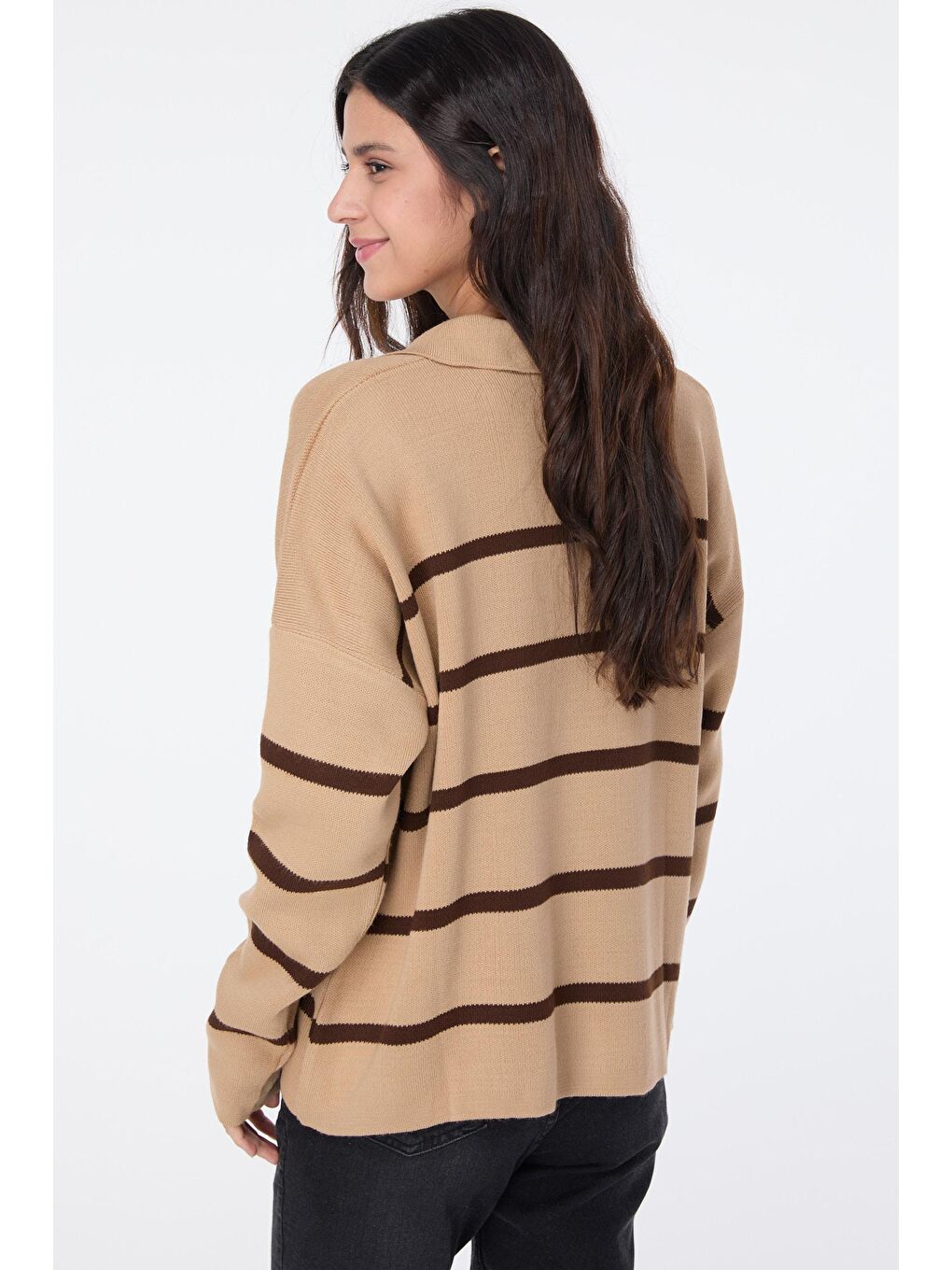 Bej Gömlek Yaka Kadın Vizon Triko Kazak - 23633-5
