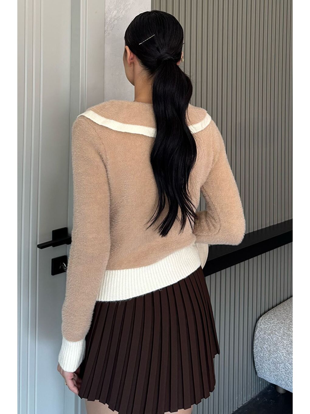 Bej Kadın Bebe Yaka Yumoş İplik Triko Ceket (s-m-l Uyumludur)-3