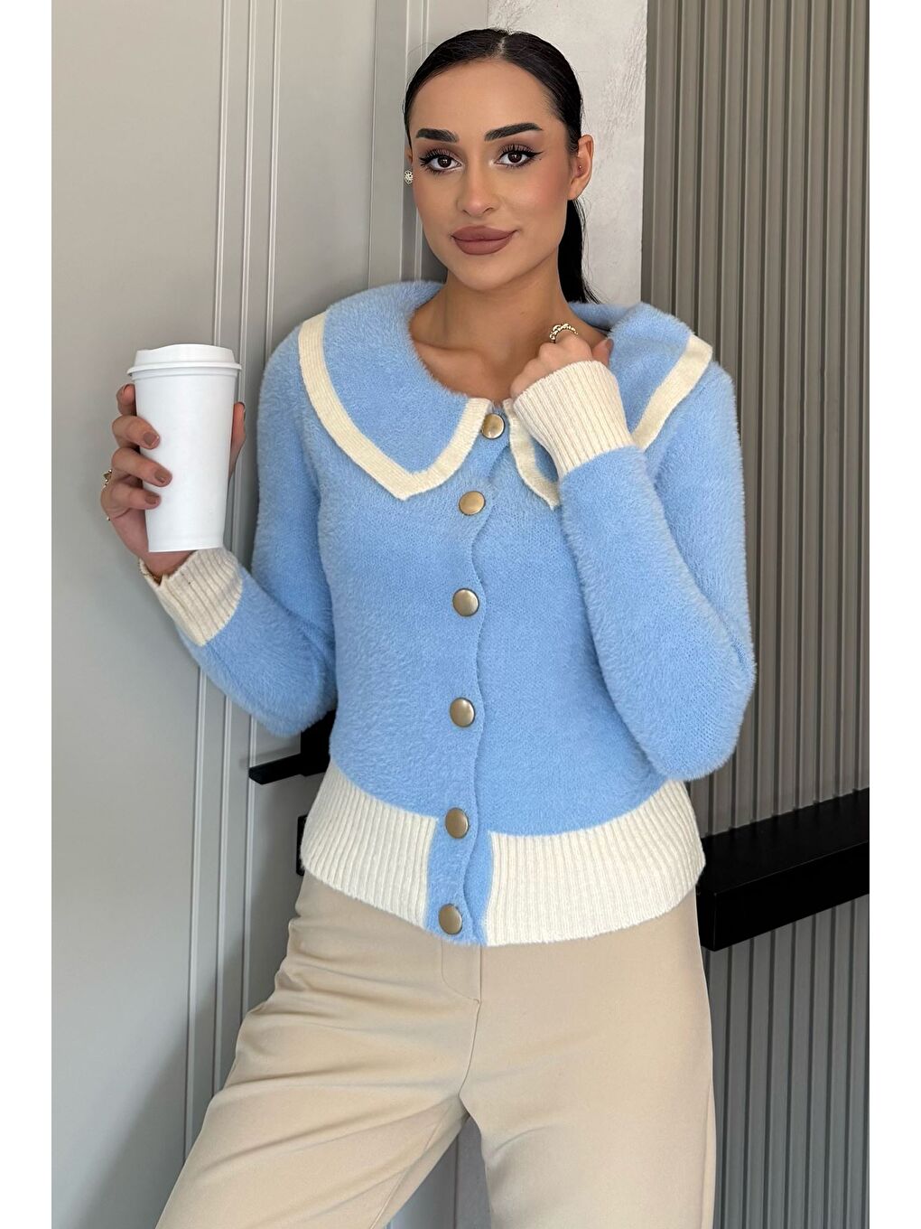 Mavi Kadın Bebe Yaka Yumoş İplik Triko Ceket (s-m-l Uyumludur)-1