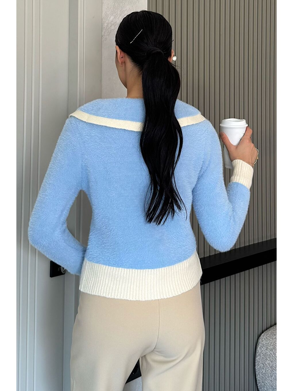 Mavi Kadın Bebe Yaka Yumoş İplik Triko Ceket (s-m-l Uyumludur)-3