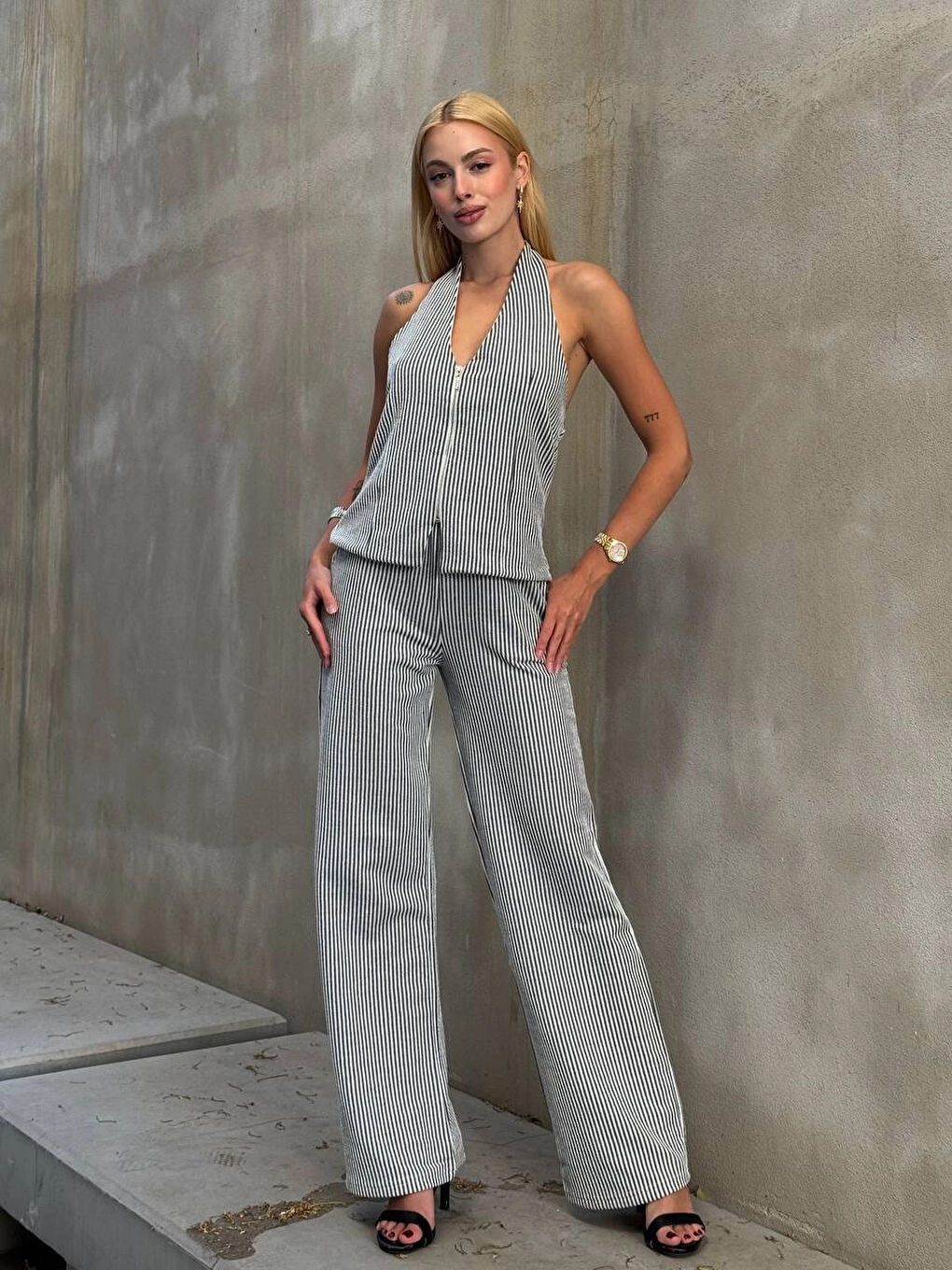 Kadın Siyah Çizgili Önü Fermuarlı Bluz Pantolon İkili Takım HZL25S-ZK13691-1