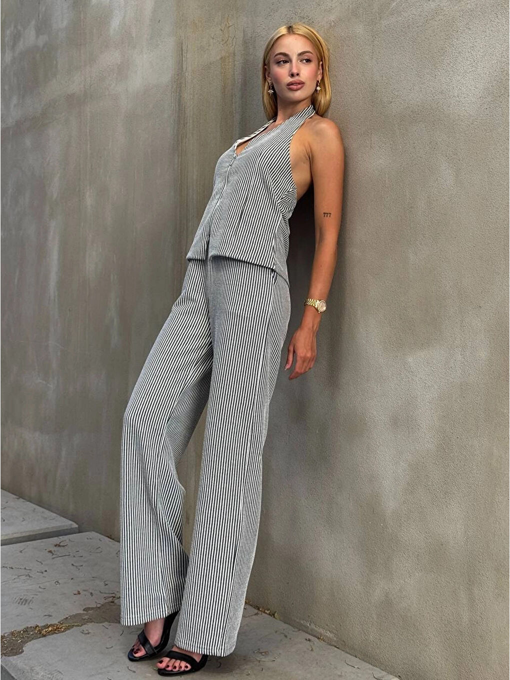 Kadın Siyah Çizgili Önü Fermuarlı Bluz Pantolon İkili Takım HZL25S-ZK13691-4