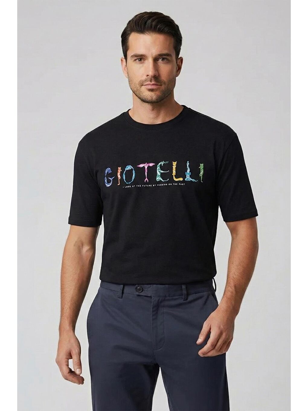 Giotelli Siyah Oversize Fit %100 Pamuk Baskılı Bisiklet Yaka Erkek Tişört