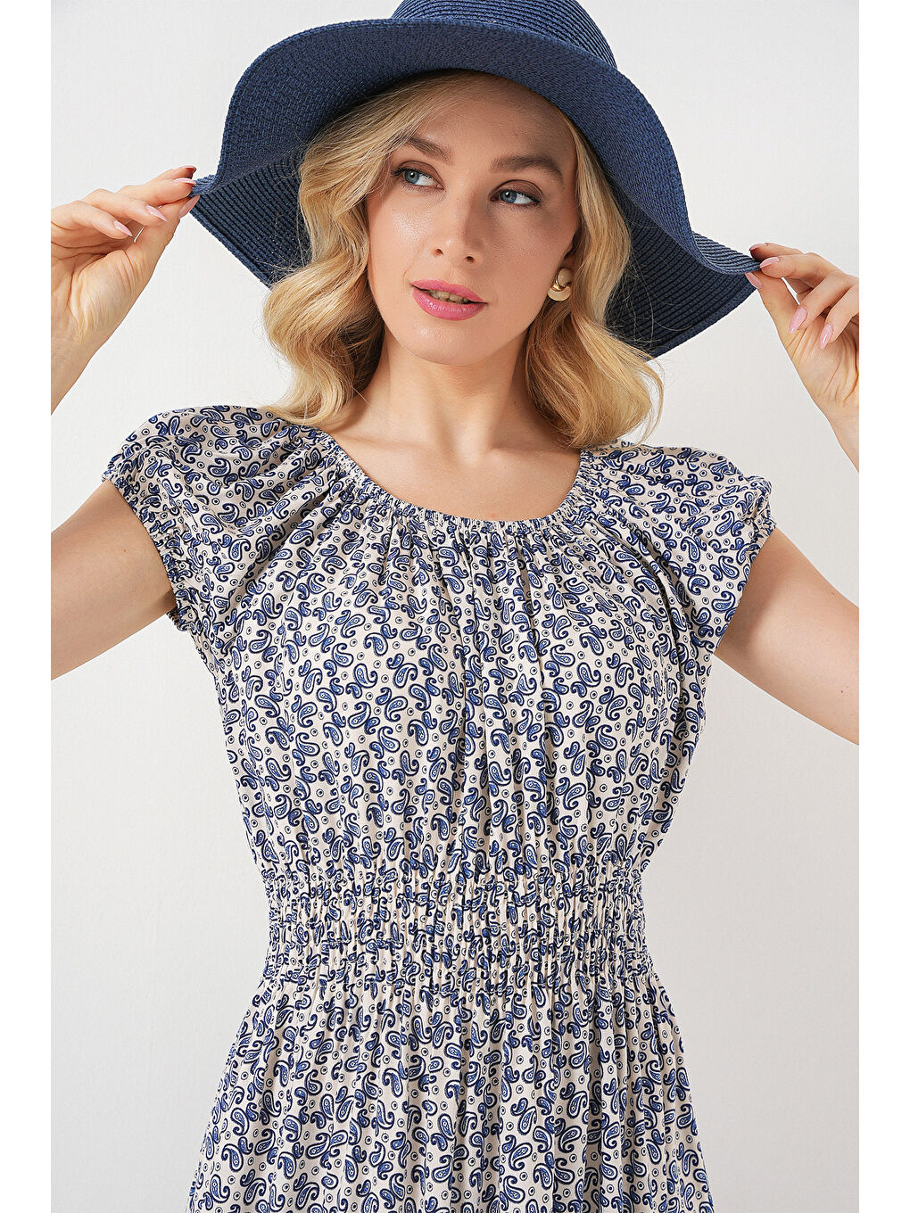 Kadın Yakası Büzgü Detaylı Elbise 2544 - Lacivert-1