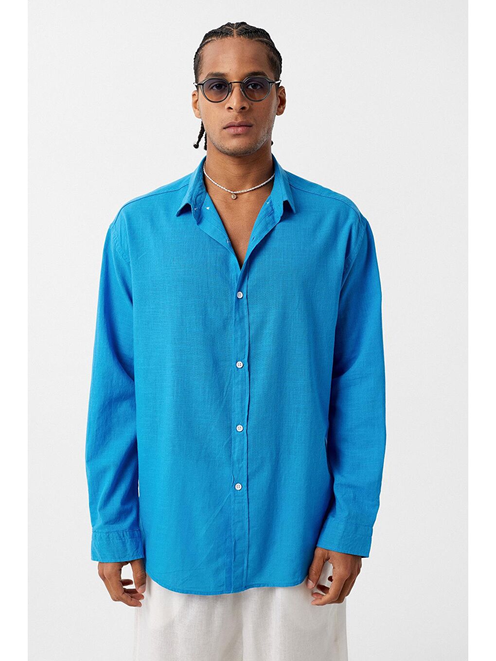 Basic Oversize Pamuk Keten Gömlek İndigo-2