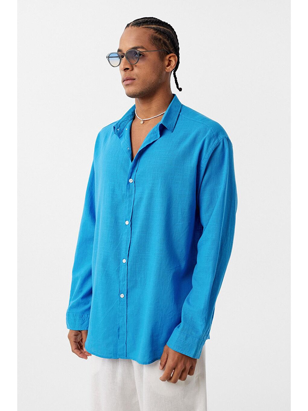 Basic Oversize Pamuk Keten Gömlek İndigo-3