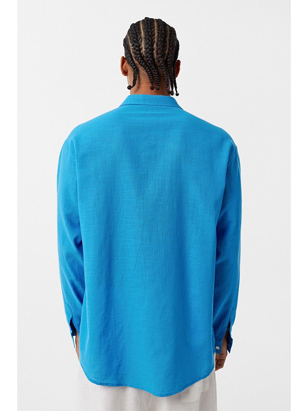 Basic Oversize Pamuk Keten Gömlek İndigo-4