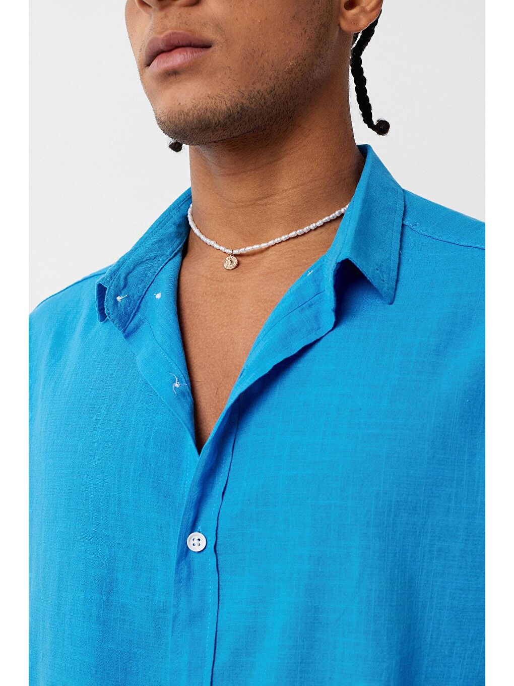 Basic Oversize Pamuk Keten Gömlek İndigo-5