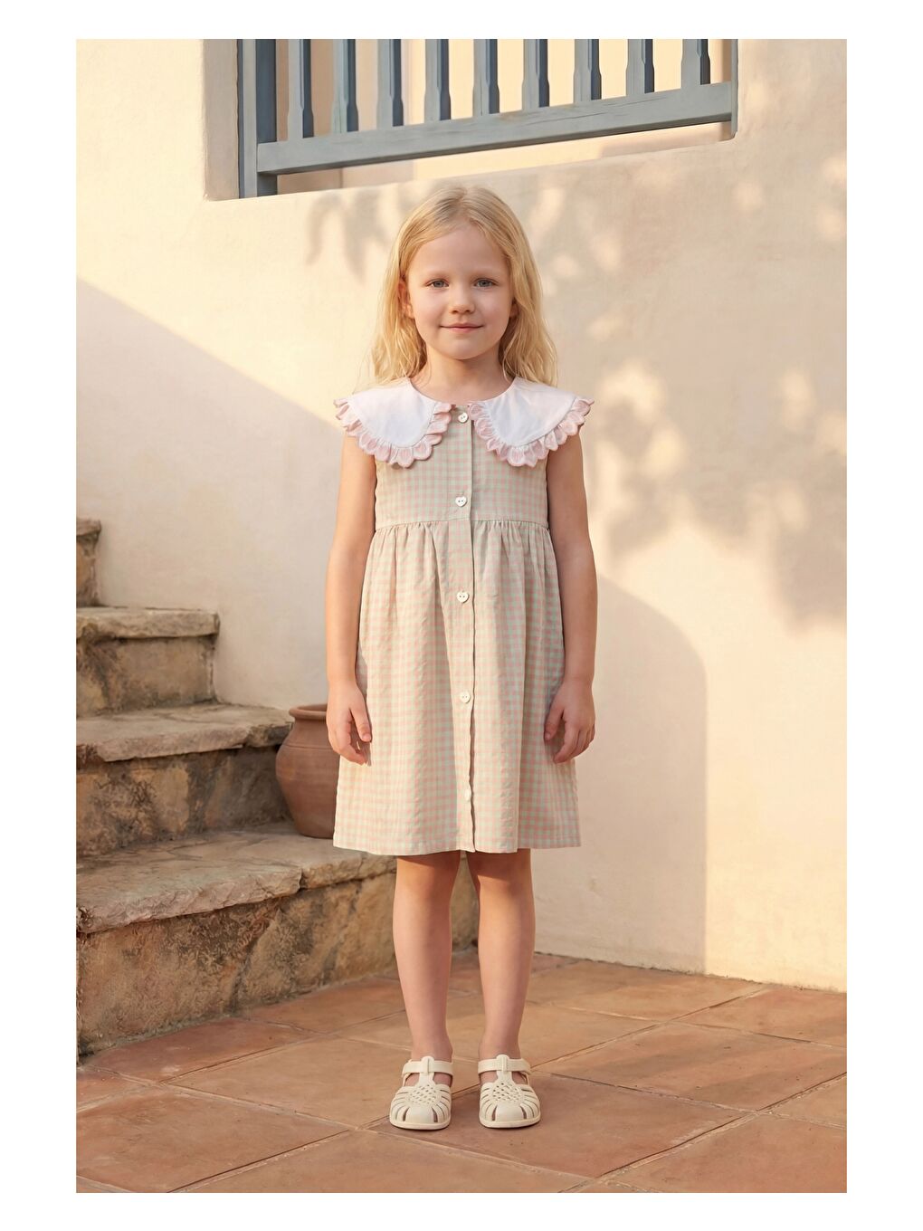 Yeşil Kız Çocuk Pamuklu Pötikare Yakalı Elbise-2