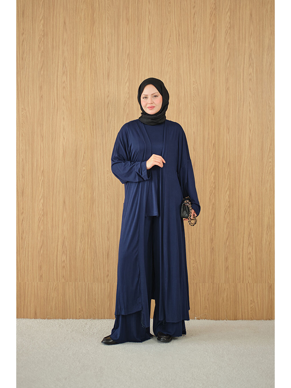 Kadın Yandan Yırtmaçlı Sıfır Kol 3'lü Takım Lacivert-1