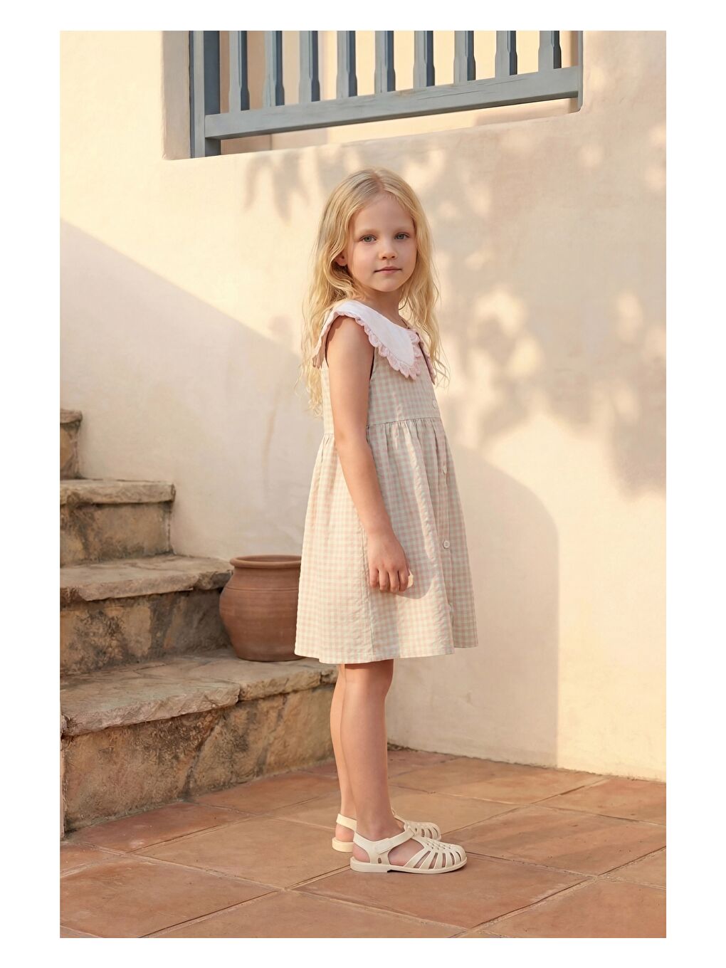 Yeşil Kız Çocuk Pamuklu Pötikare Yakalı Elbise-3