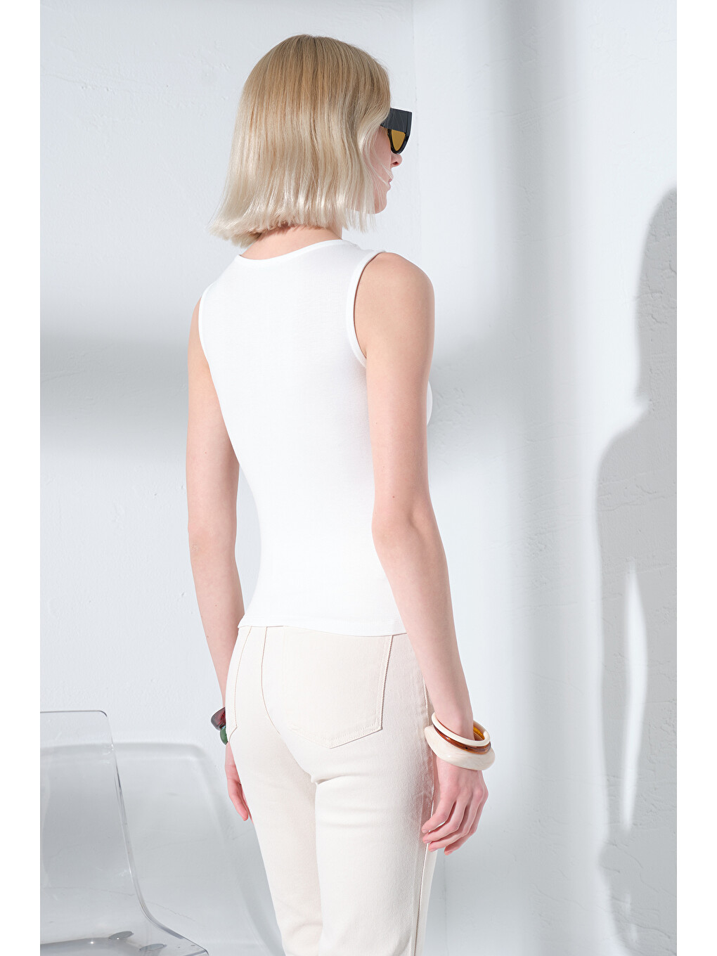 Ekru Çift Yön Fermuarlı Soft Touch Premium Örme Sıfır Kol Body Kadın Bluz @Trentino-4