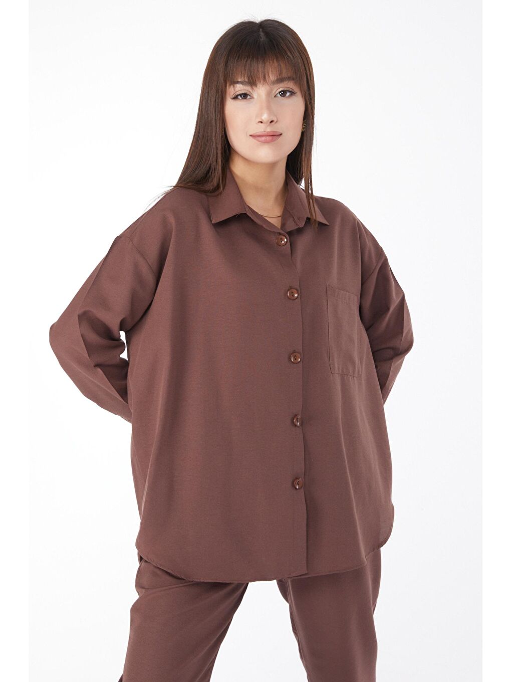 Gömlek Yaka Kadın Kahverengi Tunik+Pantolon - 11508