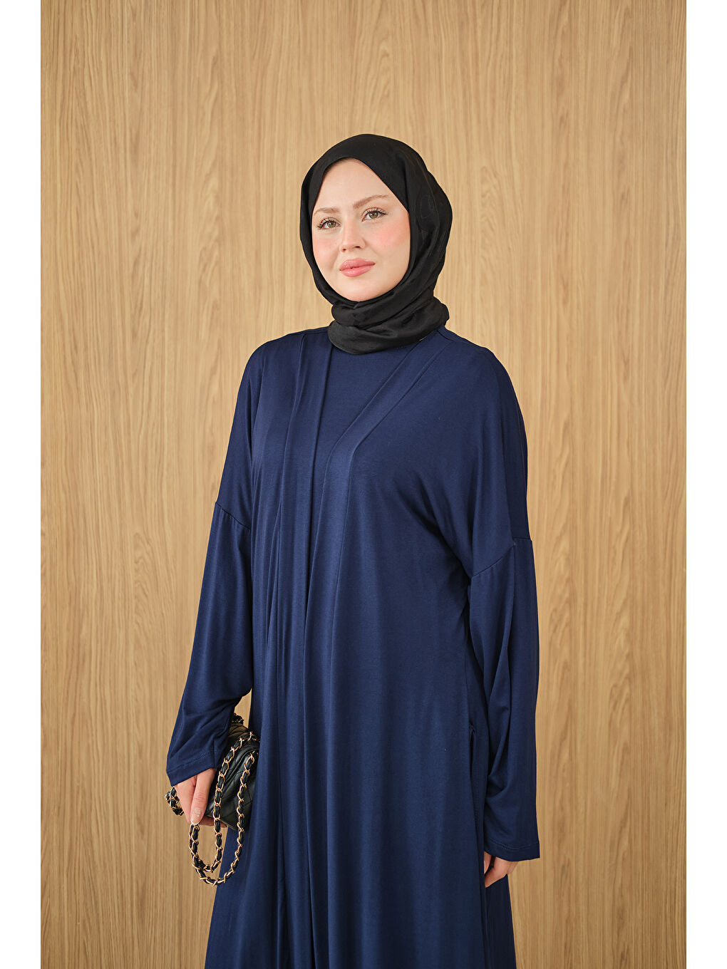 Kadın Yandan Yırtmaçlı Sıfır Kol 3'lü Takım Lacivert-2