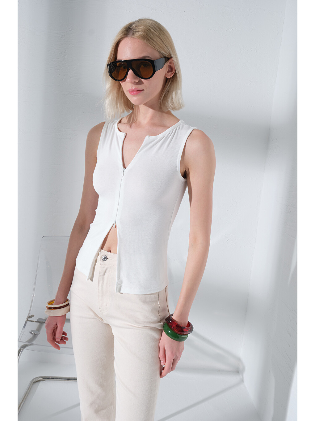Ekru Çift Yön Fermuarlı Soft Touch Premium Örme Sıfır Kol Body Kadın Bluz @Trentino-6