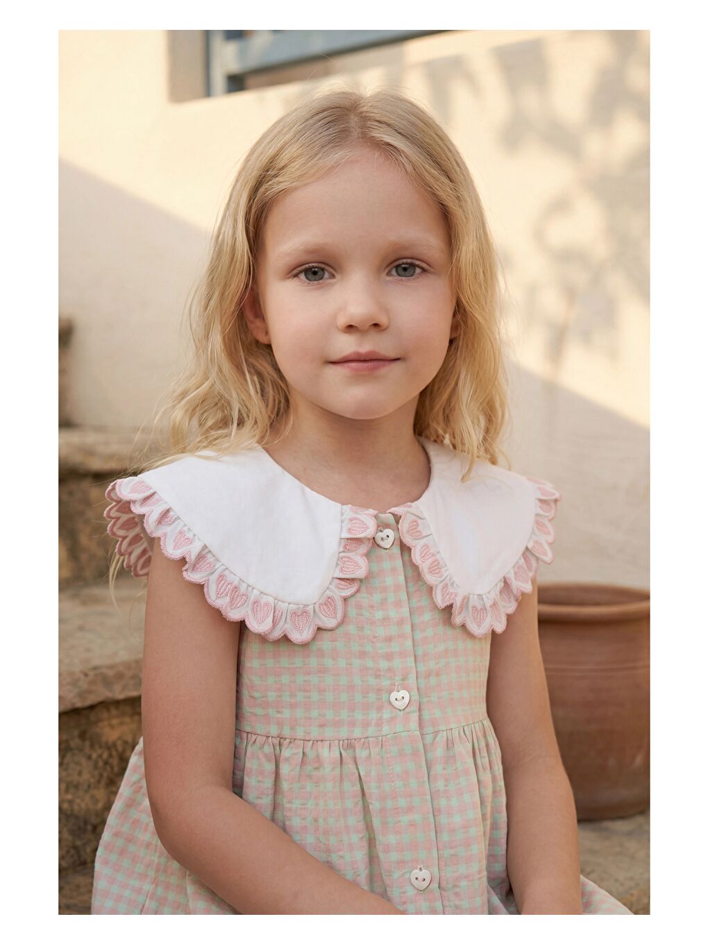 Yeşil Kız Çocuk Pamuklu Pötikare Yakalı Elbise-4