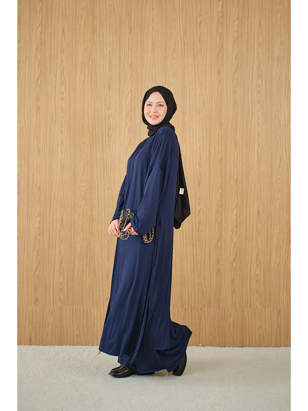 Kadın Yandan Yırtmaçlı Sıfır Kol 3'lü Takım Lacivert-3