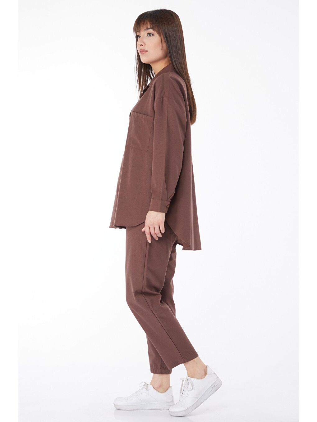 Gömlek Yaka Kadın Kahverengi Tunik+Pantolon - 11508-1