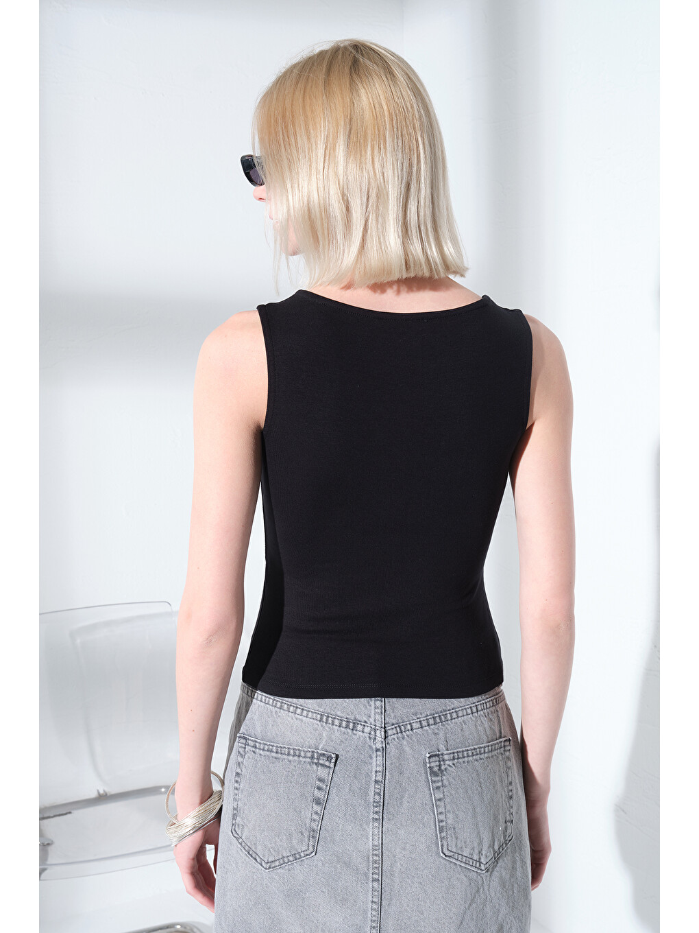 Siyah Çift Yön Fermuarlı Soft Touch Premium Örme Sıfır Kol Body Kadın Bluz @Trentino-4