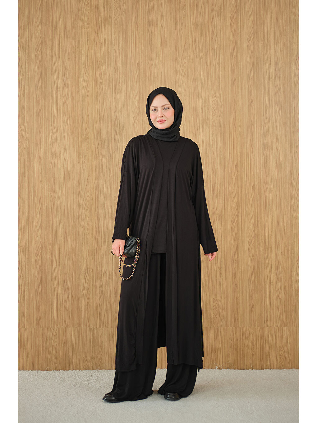 Kadın Yandan Yırtmaçlı Sıfır Kol 3'lü Takım Siyah