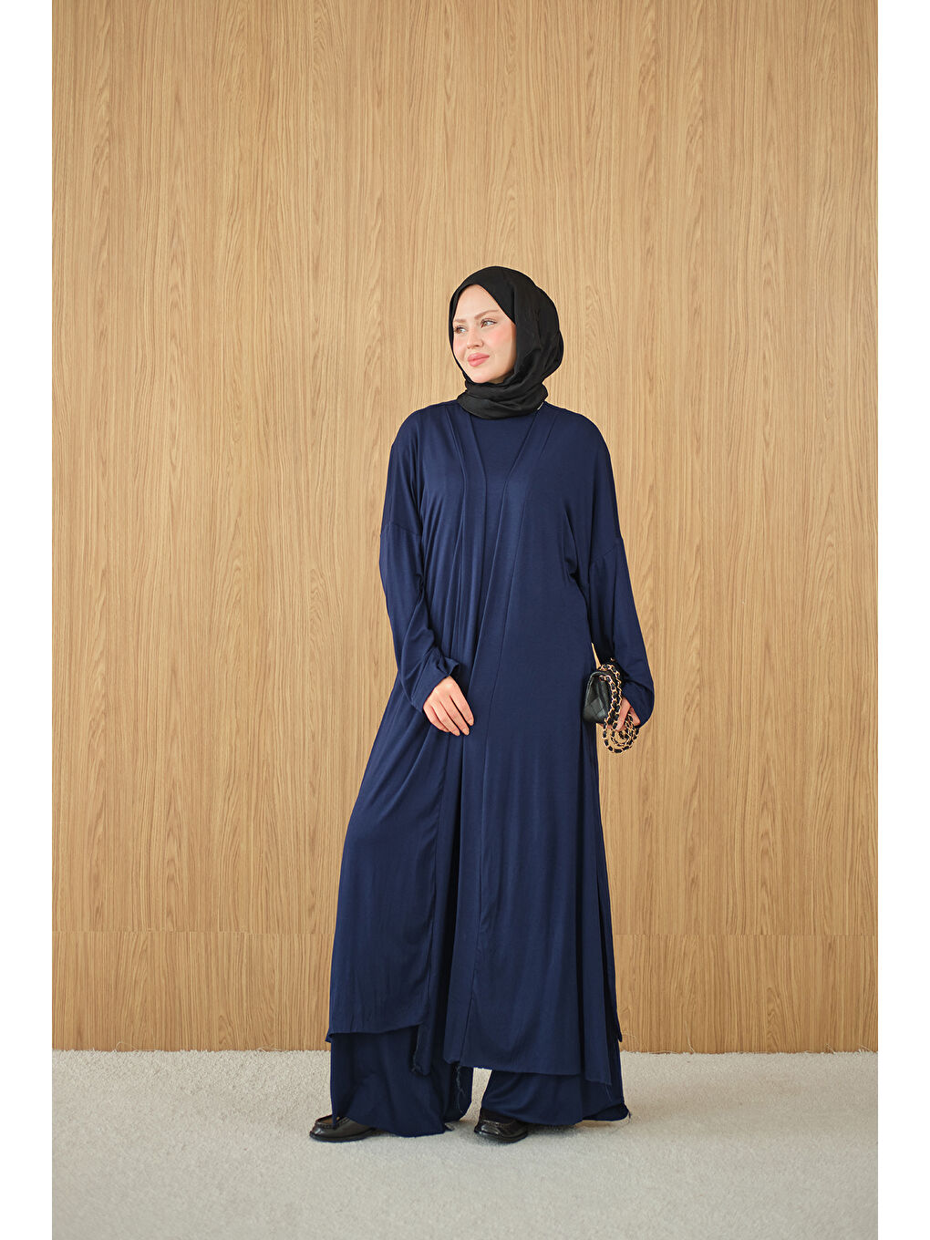 Kadın Yandan Yırtmaçlı Sıfır Kol 3'lü Takım Lacivert-4