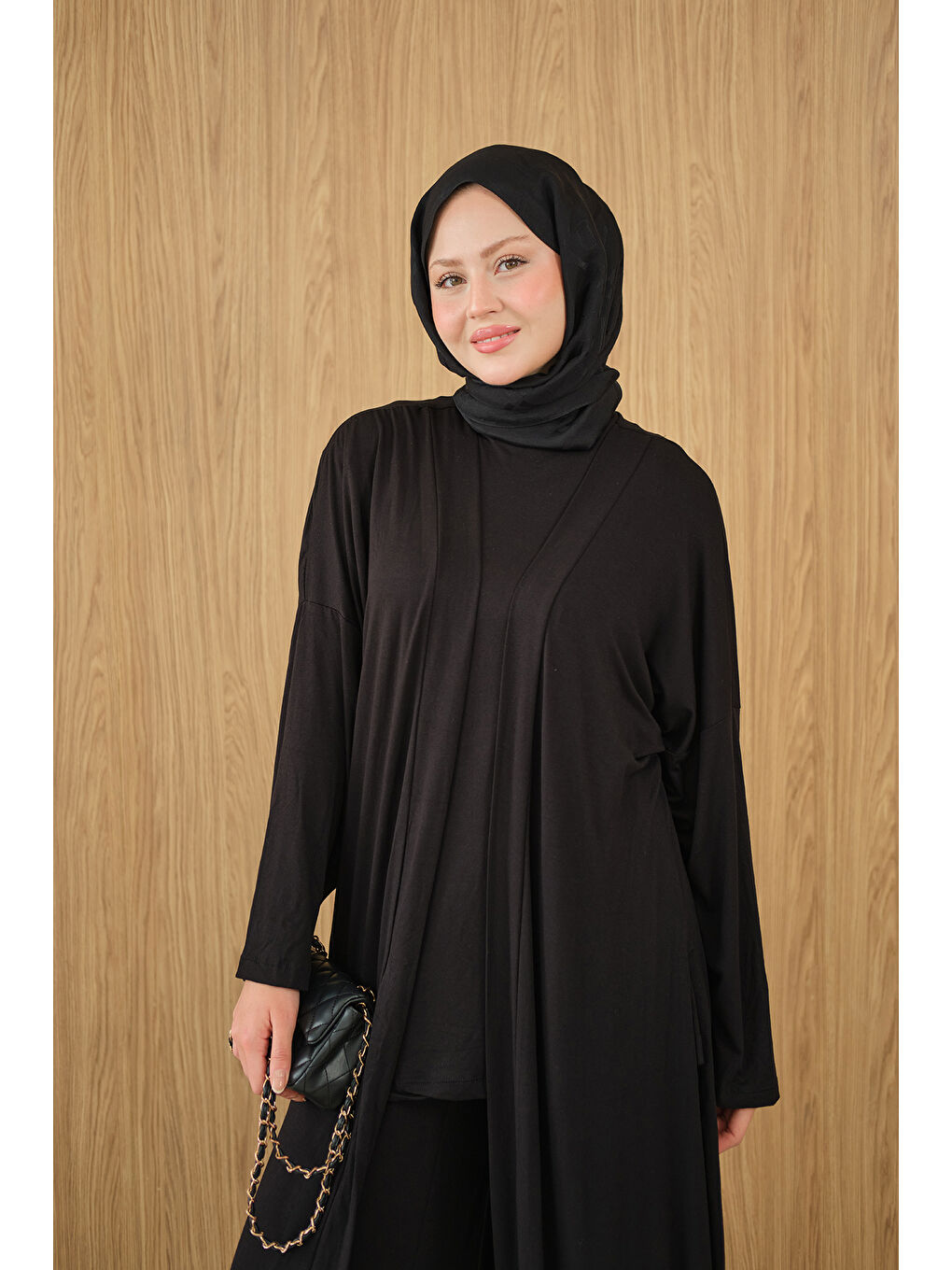 Kadın Yandan Yırtmaçlı Sıfır Kol 3'lü Takım Siyah-1