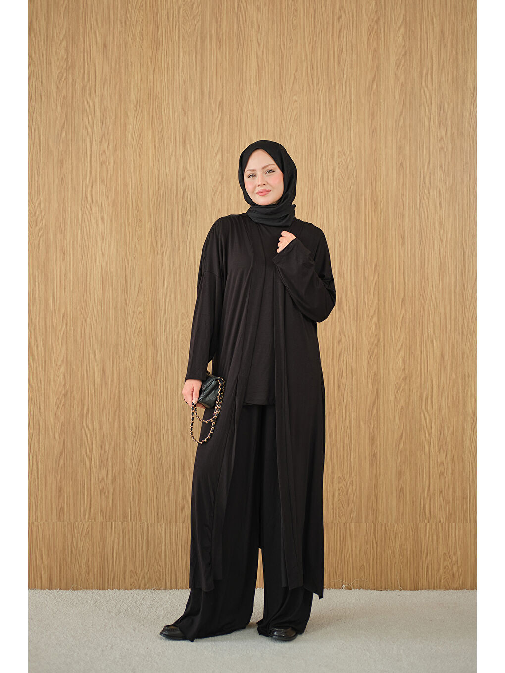 Kadın Yandan Yırtmaçlı Sıfır Kol 3'lü Takım Siyah-3