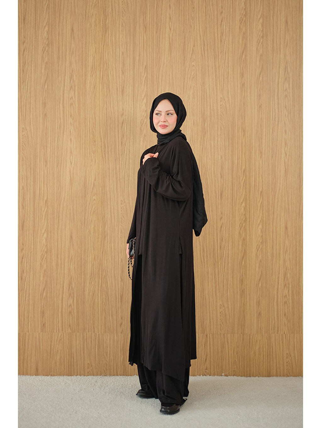 Kadın Yandan Yırtmaçlı Sıfır Kol 3'lü Takım Siyah-4