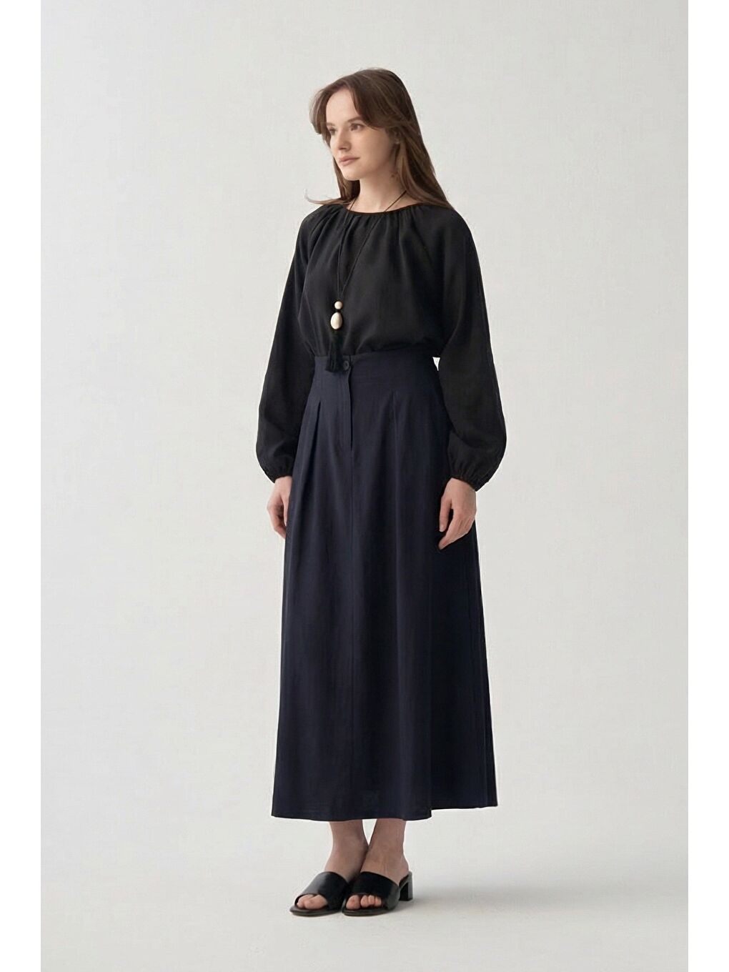 Lacivert-Pile Detaylı Etek-1