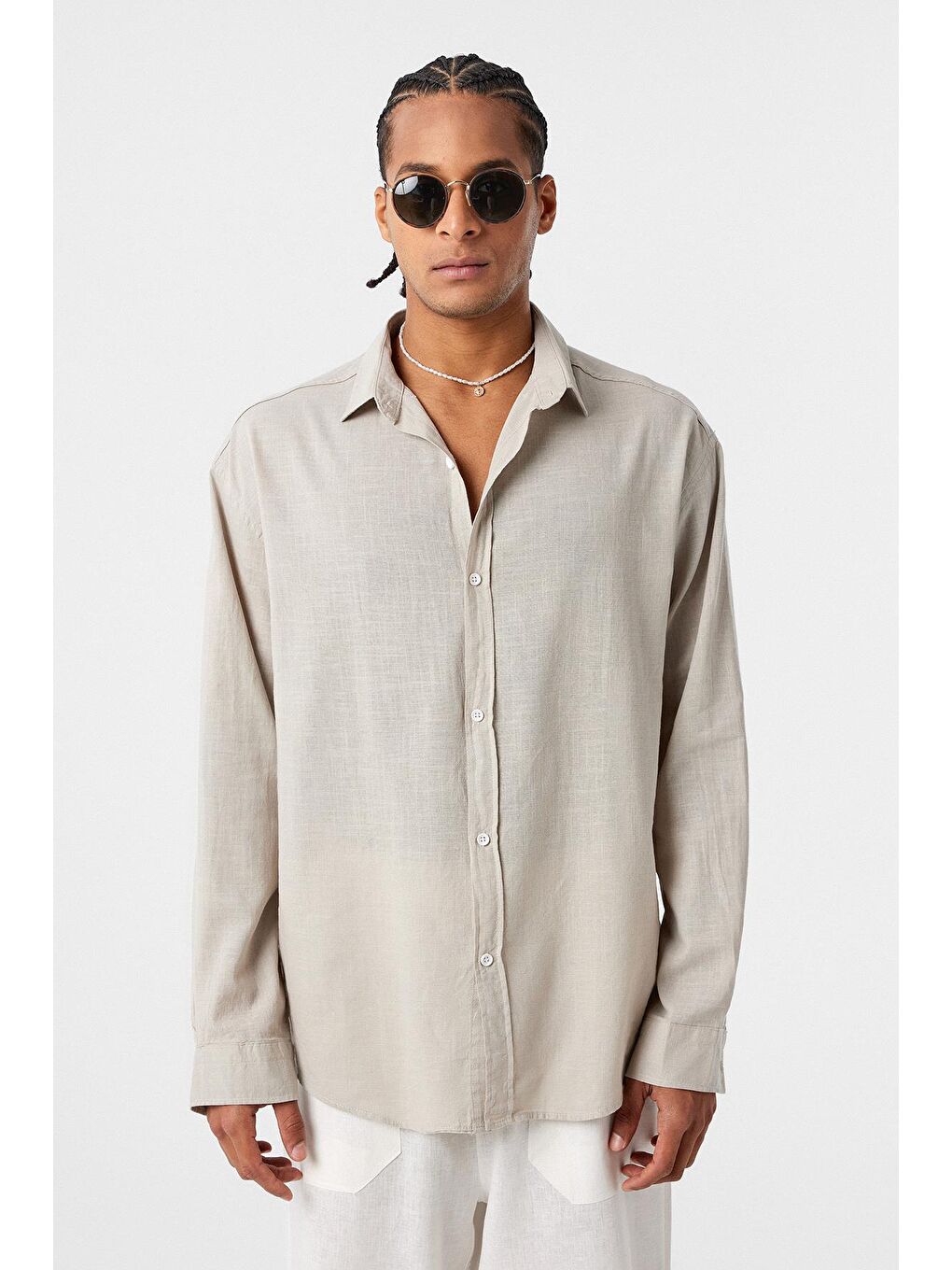 Bej Basic Oversize Pamuk Keten Gömlek Taş