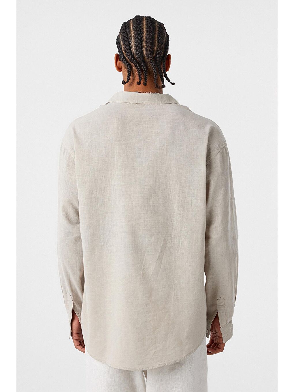 Bej Basic Oversize Pamuk Keten Gömlek Taş-3