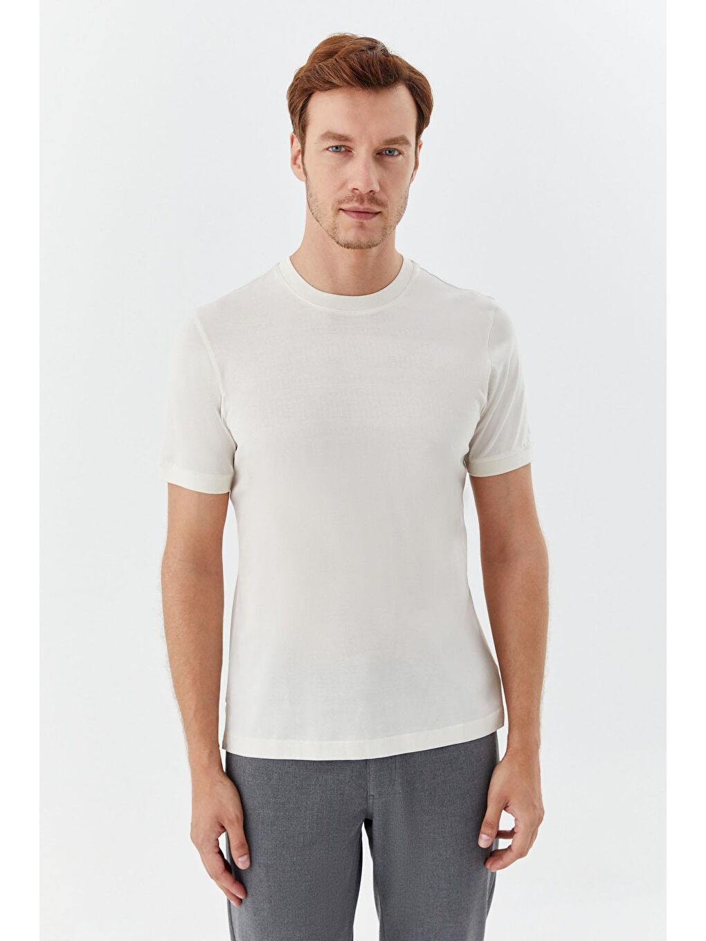 Kahverengi Desenli Bisiklet Yaka Erkek T-Shirt Latte