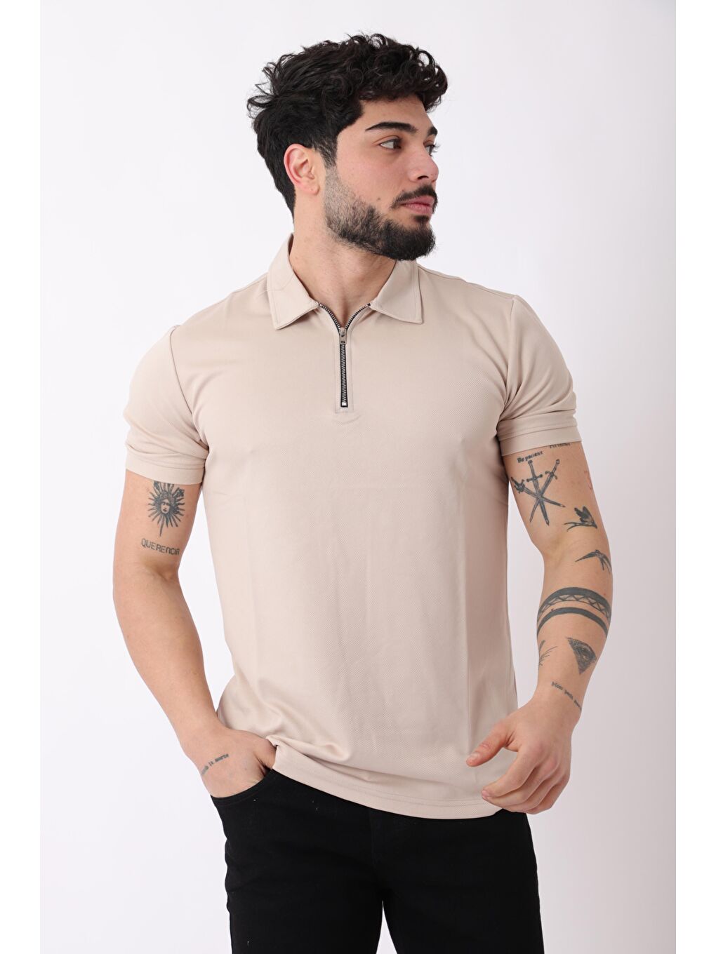 Bej Yakalı Yarım Fermuarlı Erkek Tişört JS C-1022_30414