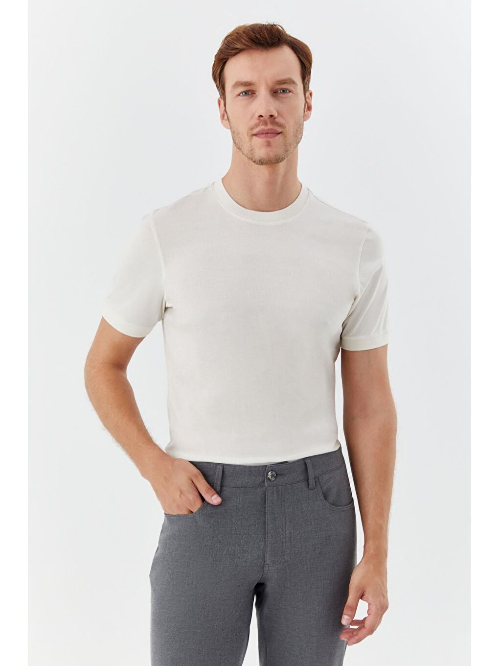 Kahverengi Desenli Bisiklet Yaka Erkek T-Shirt Latte-5