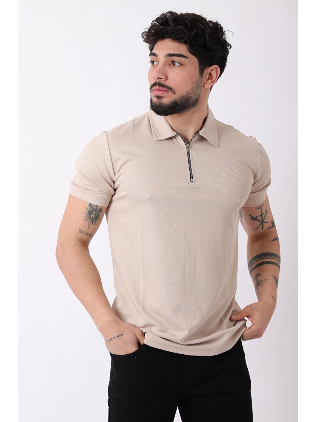 Bej Yakalı Yarım Fermuarlı Erkek Tişört JS C-1022_30414-1
