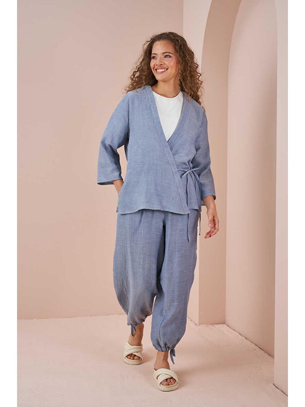 Kruvaze Kimono Müslin Bluz Mavi-1